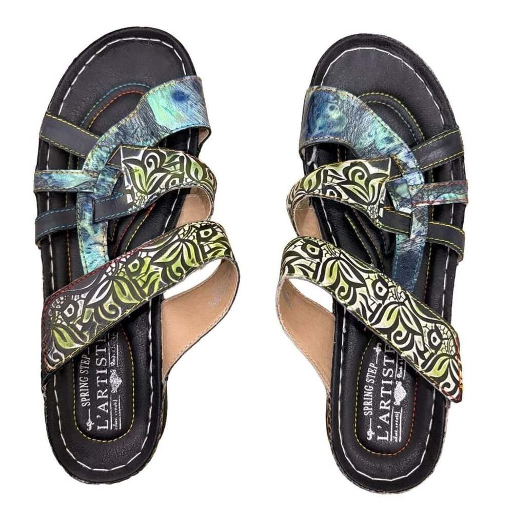 L’Artiste Leather Sandals Women’s 40 Multicolor Green Fairy Whimsigoth Artsy